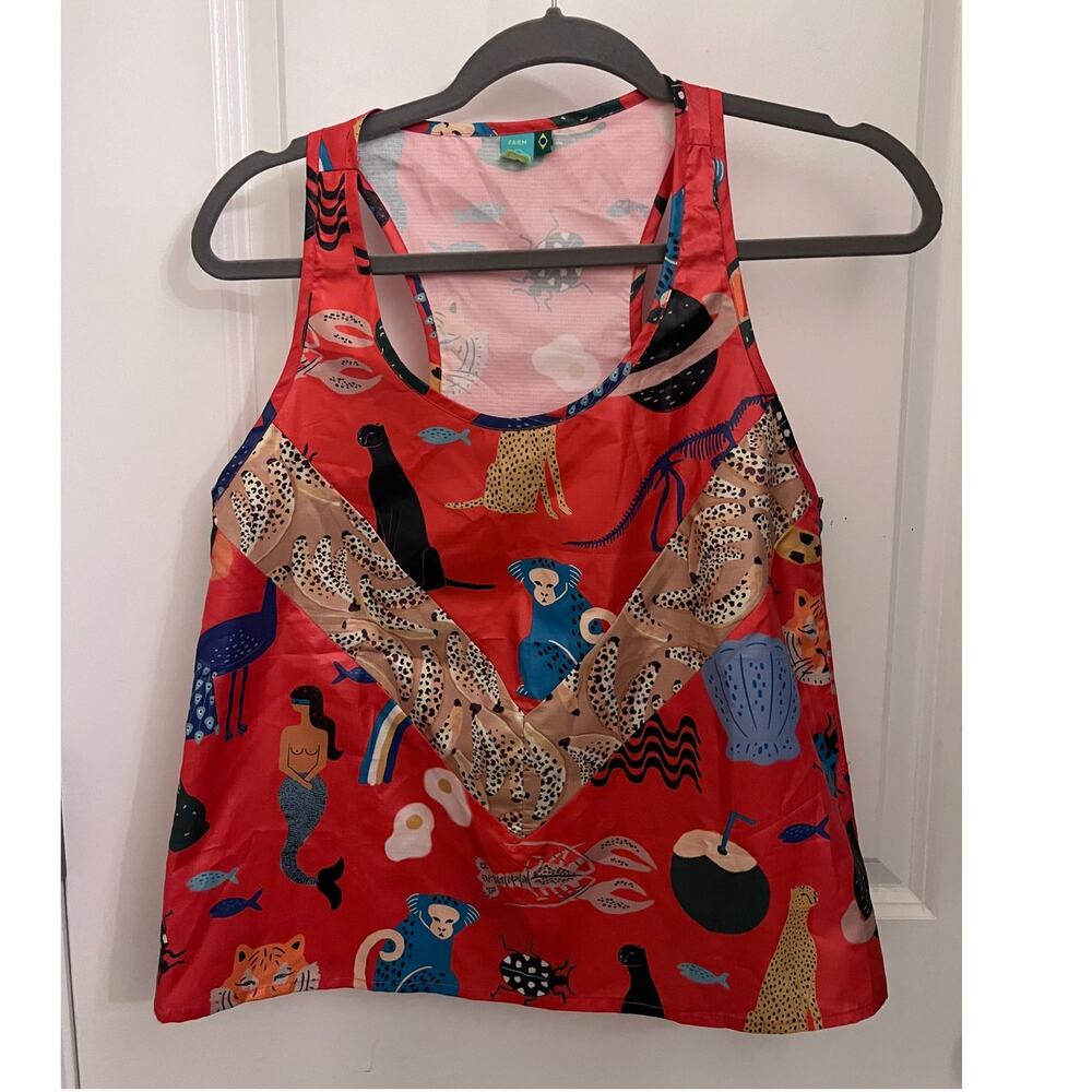 Farm Rio Red Tropical Animal Print Racerback Tank Top S Red dopamine dressing